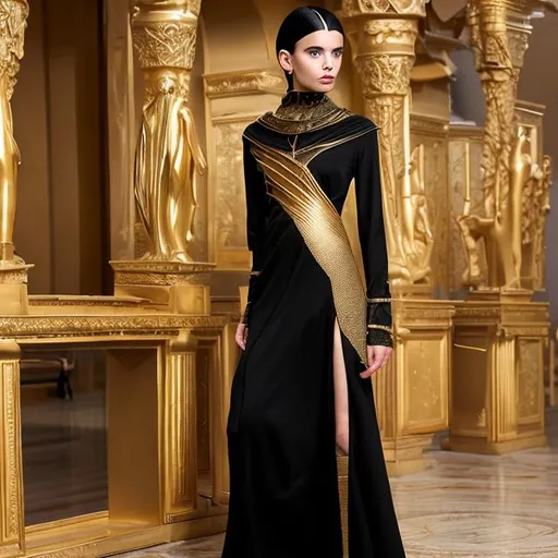 Prompt: Plain black pharaonic women's dress with long sleeves and golden cuffs, with a modern cut