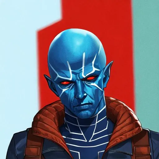 Prompt: Blue Dark Skin, Alien, Jeffery-Bobson, Bald, Red Flare Suit, Super Villain on The Order of Fear