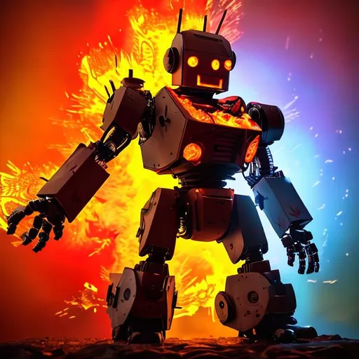 Prompt: A remake robot surrounded by colorful flames