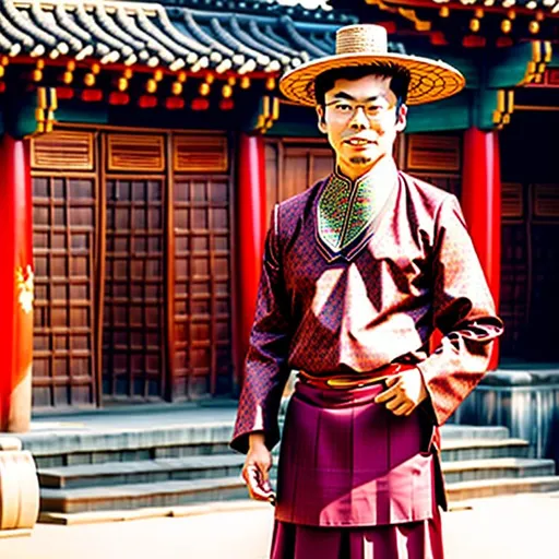 Prompt: An Asian wearing a necktie with high collared traditional Asian garb. The person is wearing a mix of western wear and East Asian attire, has a Korean ten-gallon hat on, surrounded by domed buildings and East Asian huts, landscape