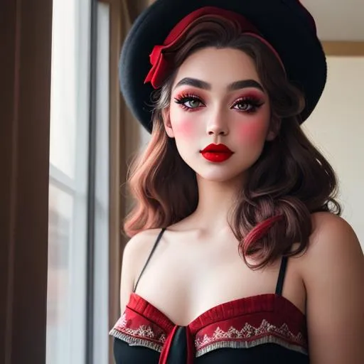 Prompt: a pretty girl wearing a red hat, wearing beautiful makeup, smokey eyeshadow, rosy cheeks and red lipstick