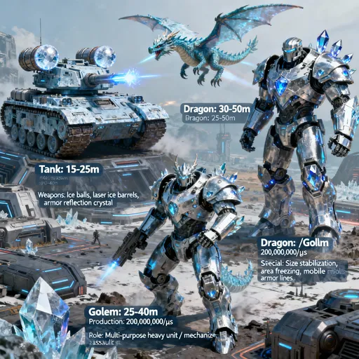 Prompt: ### TEG-002 — Tank / Ejderha / Golem (kategori)

* **Tank boyu:** 15–25 m (tank varyantları)
* **Ejderha boyu:** 30–50 m (uçan kara/karma varyant)
* **Golem boyu:** 25–40 m
* **Üretim:** **200.000.000 / µs** (toplam kategori üretim hızı)
* **Silahlar:** Buz topları, lazer buz namlular, zırh yansıtma kristali
* **Özel:** Boyut sabitleme, alan dondurma, mobil zırh hatları
* **Rol:** Çok amaçlı ağır birim / mekanize saldırı

