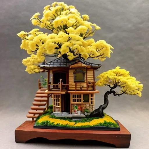 Prompt: tiny tree house with yellow cherry blossom bonsai and garden
