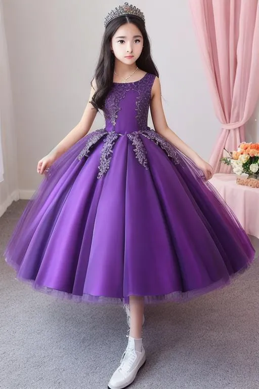 Prompt: Girl 14yo, Queen purple dress, dress long, Queen crown,