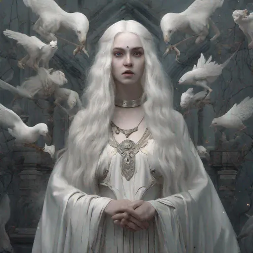 Prompt: full shot of a person with long white hair, inspired by Louisa Matthíasdóttir, exquisite matte painting, pale young ghost girl, peter kemp, tom bagshaw weta studio and Jason Benjamin, behance contest winner, intricate 3 d illustration, greek myth digital painting, trending on juxtapoz magazine, jean-sebastien rossbach