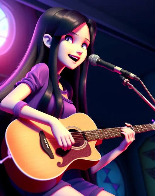 Prompt: hyper realistic 4d, engine unreal, realistic illustration, super detailed beautiful face, Marceline the Vampire Queen cartoon from adventure time with fangs playing guitar