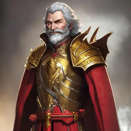 Prompt: A middle aged man in red regal robes with gold trim over a red armored chestplate, a sword sheathed on his left side. He has a short beard and brown hair with a scar down his right cheek. Fine details along the armor showing some age with a aged face that has seen countless battles. The style should be comicbook art