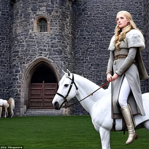 Prompt: a large castle with large towers and a courtyard where targets for archers are set up and in which Jon snow enters on a white horse and around him are people who greet him as a king and a girl who approaches him with blond hair in a warm echo and around them is snow