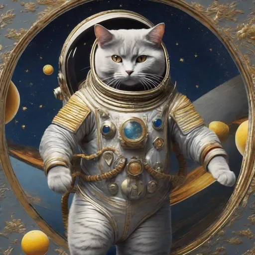 Prompt: 15th Century Japanese art of of a grey cat in a space suit with Floating through empty space chasing butter. Exquisite Detail Everything is perfectly to scale, HD, UHD, 8k Resolution, Vibrant Colorful Award winning 