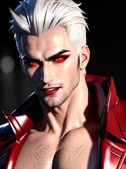 Prompt: ((3D render)), ((best quality)) Splash art masterpiece of seductive masculine top-down crazy modern vampire man with ((hyperdetailed white silky hair)) and ((hyperdetailed bloodshot red eyes)) and beautiful hyperdetailed masculine attractive sharp face and nose and big lips, ((white skin)), red shy blush with grin, blood dripping down lips and body, red blood, backlit, ((intricately hyperdetailed yellow modern thin mesh suit)) with deep cleavage and visible abdominal muscles, abs, toned body, barely any clothing, mesh dress, ((seductive crazy grin face)), looking up at camera, standing jojo pose, looking down perspective, bokeh background, cinematic glamour lighting, backlight, action shot, intricately hyperdetailed, perfect face, perfect body, perfect anatomy, hyperrealistic, sharp focus, epic dark fantasy, glamour, volumetric studio lighting, triadic colors, occlusion, ultra-realistic, 3d lighting, beauty, sensual masculine romance, professional, sensual feminine, perfect composition, unreal engine 8k octane, 3d lighting, UHD, HDR, 8K, render, HD, trending on artstation, front view, (((huge breast))), ((sexy)) cleavage, fangs, Bride, Curse of Strahd, slutty, wounded, blood, vampire, fangs black leather, black latex