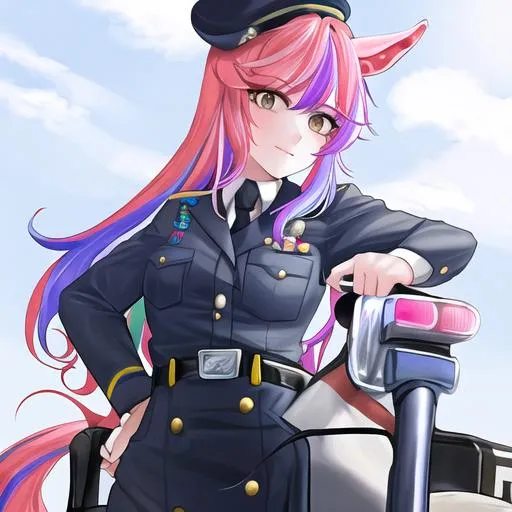 Prompt: Haley as a horse girl with bright multi-color hair wearing a police uniform