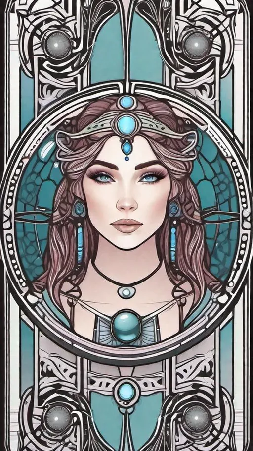 Prompt: tarot card style + intricate border + young soft featured goddess portrait, detailed sci-fi illustration, pentagram + intricate Celtic illustration + 