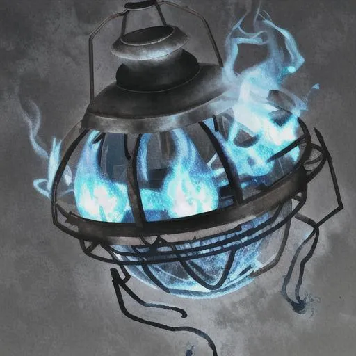 Prompt: Supernatural lantern, rusted, blue flames, ghostly face, brain like, wispy smoke, ghostly, 