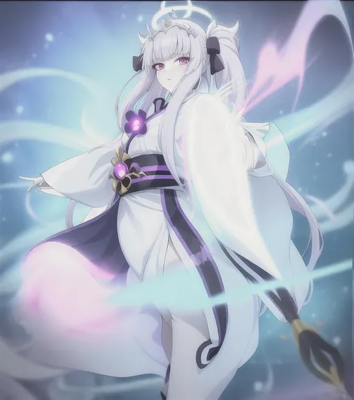 Prompt: anime woman pale white skin in white kimono with purple trim, purple sash, straight long white hair with black bows in hair, chaos queen, she has dark chaos powers casting chaos spell