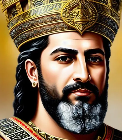 Prompt: Full portrait of Achaemenid king Cyrus the Great, Persian castle, intricate, rugged, highly detailed, artstation, concept art, sharp, sharp focus,