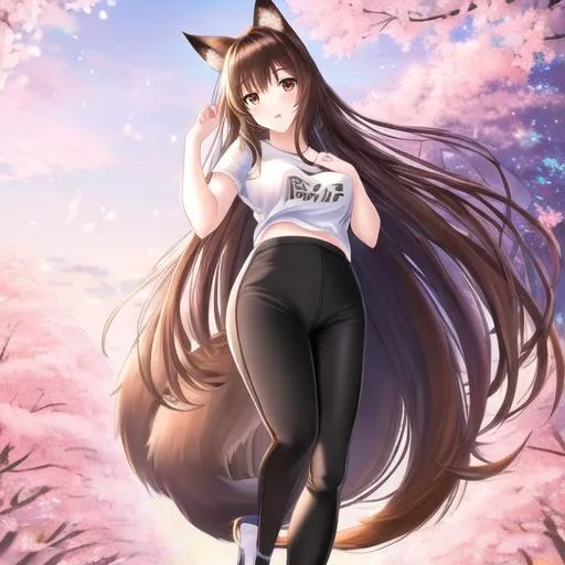 Prompt: oil painting, UHD, hd , 8k,  anime, hyper realism, Very detailed, zoomed out view, clear visible face, full body in view, clear visible face, fox girl character with long dark brown hair, wears a white tshirt with black pants, cherry blossom trees behind