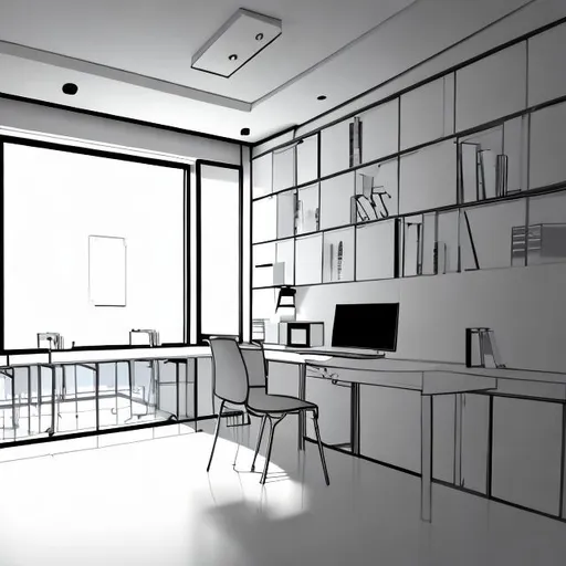 Prompt: Study room with computer outline drawing