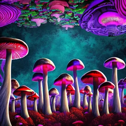Prompt: Trippy mushroom dimension. Green trees equally large red and purple mushrooms. Floating land. Sky scrapers.