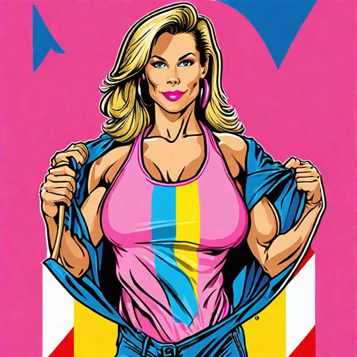 Prompt: Create an impressive profile picture featuring a stunning woman with a flawless physique from the 1990s. She should be holding a flag that is half pink and half blue, with the words "Pro-Life" prominently displayed. The woman should be wearing a jumpsuit in black and yellow, adorned with a patch that says "Flo_Wyatt."
