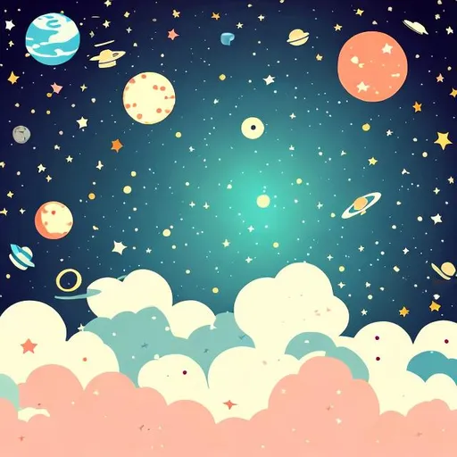 Prompt: anime style empty space with small bright stars and planets and spaceship
