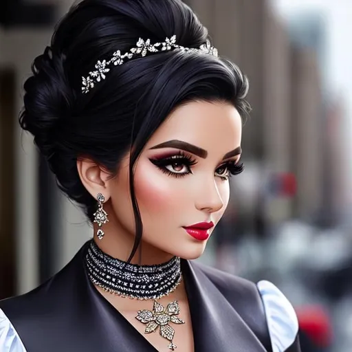 Prompt: A beautiful black haired woman, hair in updo, stylish makeup