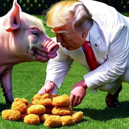 Prompt: trump forcing a pig to eat a chicken nugget