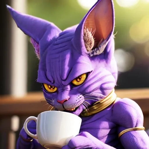 Prompt: Real life beerus drinking coffee, Professional, Highly Detailed, Hyperrealistic, sharp focus, Professional, UHD, HDR, 8K, Render, HD, Trending on ArtStation, close up, bokeh, outdoor,