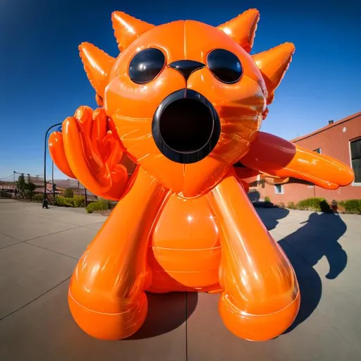 Prompt: ((((giant balloon cat playing guitar) diamond statue inlaid with orange chrome) in the style of Jeff Koons) wide perspective view) infinity vanishing point