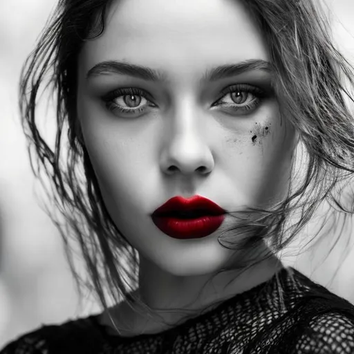 Prompt: Womans face in black and white portrait but her lips in blood red lipstick close up shot