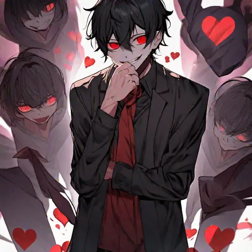Prompt: Damien (male, short black hair, red eyes) smiling sadistically, eyes wide open, hearts around him, hand covering his mouth, unsettling