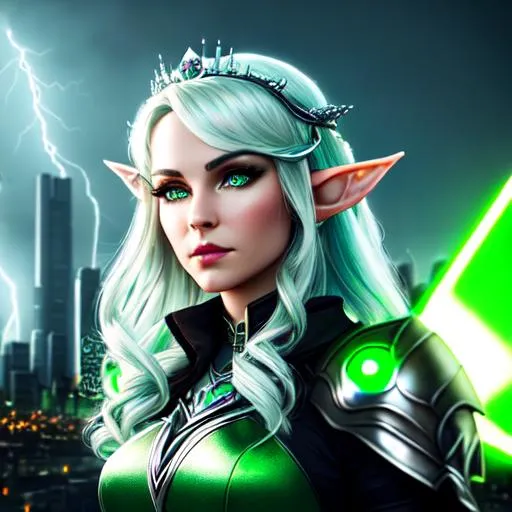 Prompt: Portrait of beautiful elf queen, silver hair, green emerald eyes,  maid dress, scythe weapon, cyberpunk style city, glowing city, glowing building lights, lightning storm, thunder storm, cyberpunk style city, 4K, 8K, wide angle, doubled frame size, highly realistic, extremely detailed