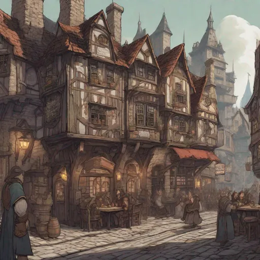 Prompt: fantasy city tavern seen from bustling city street surrounded by other buildings in the style of a D&D reference picture