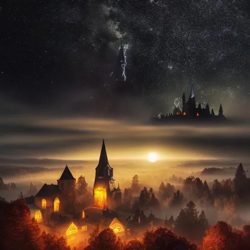 Prompt: long shot scenic professional photograph of {a misty Halloween town during autumn, night, visible tower with witch's hat as top}, perfect viewpoint, highly detailed, drone photo, wide-angle lens, hyper realistic, with dramatic sky, natural soft moonlight, vivid colors, everything in sharp focus, HDR, UHD, 64K