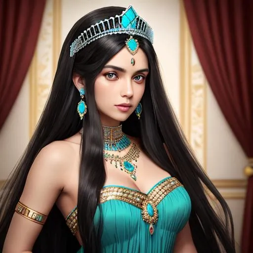 Prompt: Woman with long dark hair, wearing a turquoise studded tiara and jewelry