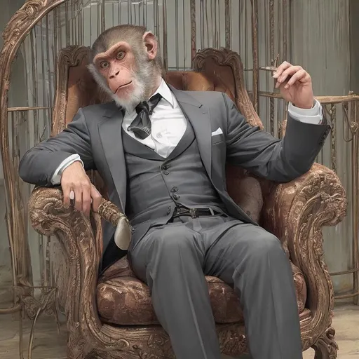 Prompt: A monkey pimp holding a cigar while wearing a suit sitting in his cage.