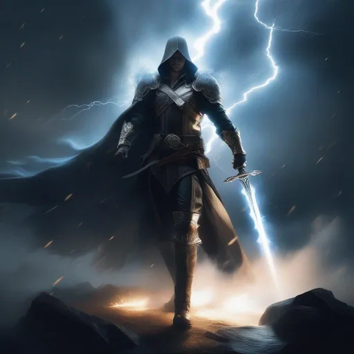 Prompt: a man in a costume holding a sword in a dark room with lightning behind him and a cloud of smoke behind him, Aleksi Briclot, epic fantasy character art, concept art, fantasy art