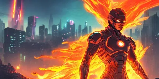 Prompt: A futuristic super hero riding flames in a futuristic city