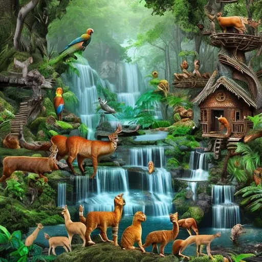 Prompt: A FOREST, HOUSE, CAT, DOG, DEER,   
MOUNTAIN, WATERFALL, PARROTS