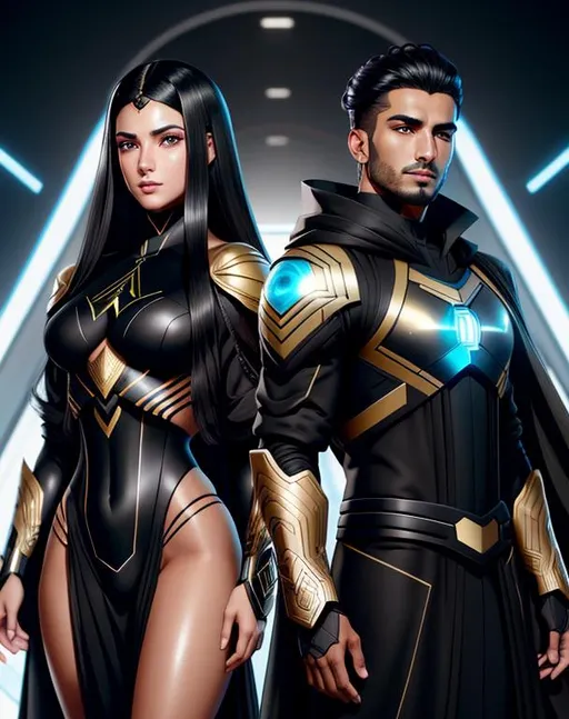 Prompt: perfect composition, {25 year old}, lean tan skinned {arab man}, wearing futuristic {black future tech robes}, {long brunette and black hair}, {hazel eyes}, extra masculine, peak fitness, determined expression, looking at viewer, 8k eyes, detailed face, wlop, stanley artgerm lau, artstation, hd, octane render, hyperrealism intricate details, 8k, cinematic volumetric light, proportional, art trending on artstation, sharp focus, studio photo, intricate details, highly detailed, intricate artwork masterpiece, ominous, intricate, epic, trending on artstation, highly detailed, vibrant, production cinematic character render, ultra high quality model, 