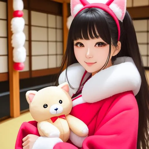 Prompt: A life-sized living plushie of a gorgeous Japanese female model aged 23, with a stunning appearance and a gorgeous body. She stands at 5ft 2in, and is covered in soft, fluffy fur that begs to be touched. Her eyes are large and expressive, and her smile is infectious. She is dressed in a cute and colorful outfit that perfectly matches her playful personality.