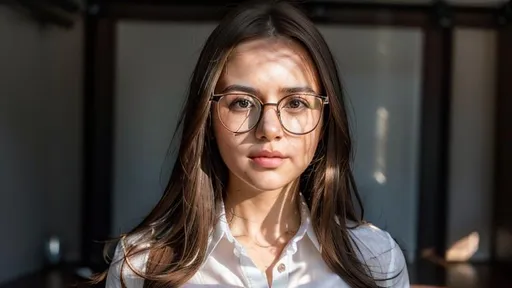 Prompt: photo realistic Landscape of girl wear white shirt and glasses, full body, with brown hair and  cute face, centered in frame, facing camera, symmetrical face, ideal human, 8k, 85mm lens,f8, photography, ultra details, natural light, light background, photo, Studio lighting