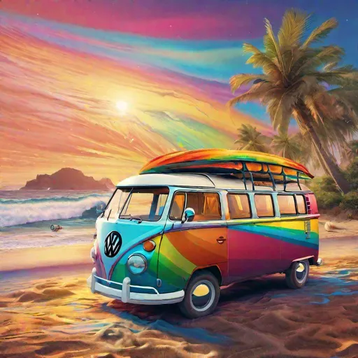 Prompt: vw t1 hippi style, surfer, rainbow colors in background, landscape beach with waves, Hyperrealistic, splash art, concept art, mid shot, intricately detailed, color depth, 64k, colorful background
