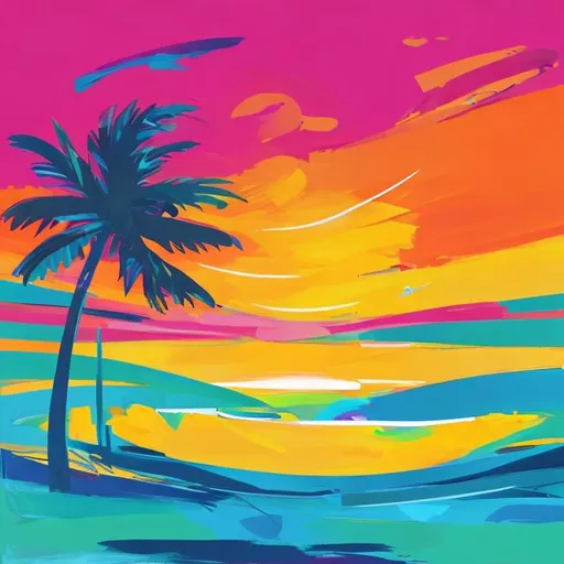 Prompt: "Generate a vibrant and dynamic abstract artwork inspired by the energy of a summer sunrise over a tropical beach. Use bold, contrasting colors and expressive shapes to convey the sense of warmth, tranquility, and excitement in the scene."