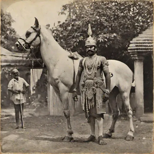 Prompt: Pandyan King Maravarman Sundara Pandyan alias Vettum perumal Rajah standing near his horse
