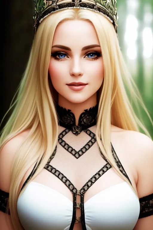 Prompt: cinematic shot of gorgeous blonde lady(divine look, beautiful eyes, detailed face, smiling) wearing mesh clothes with laces, soft light on face, wearing a crown, in forest, hair with swirls, eye contact, realistic
