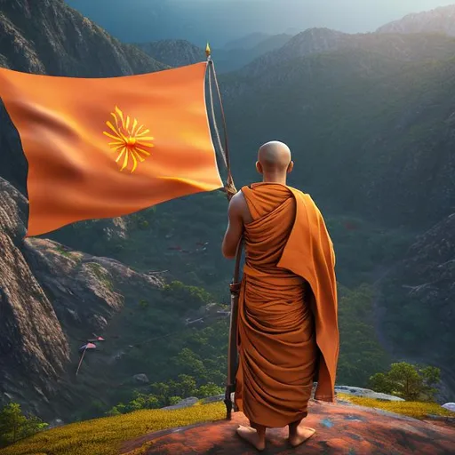 Prompt: A Hindu monk having sword and Saffron flag in hand standing on the mountain in the evening. Realistic 3D image 