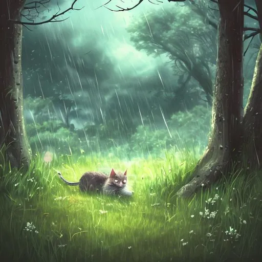 Prompt: cat,mouse,grass,woods,rain,coulds,drama,fantasy,anime