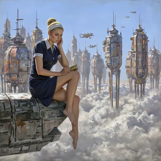 Prompt: This is a digital painting in a realistic, gritty, science fiction style with natural proportions and detailed facial features.

The central subject is a blonde woman with her hair tied in a bun, wearing a white headband and a navy blue, short-sleeved, form-fitting dress in the style of a flight attendant that ends just above her knees. She is sitting with her legs crossed, barefoot, and holding a closed book in her left hand while resting her chin on her right hand. Her expression is contemplative as she gazes downward.

The background features a futuristic, cityscape filled with numerous, metallic columns and beams that stretch up from below the clouds, supporting futuristic industrial buildings of varying sizes, futuristic oblong and oval shapes.  The buildings are colored with varying grimy metallic-industrial hues, all with intricate details such as windows, antennas, and small, lit areas creating a crowded, chaotic sky-scape.  
The buildings are each individually supported, held up above the clouds, by metallic beams and columns that stretch downward into and below the clouds. These structures are surrounded by a layer of dirty industrial-smog tinged clouds. Several small futuristic aircraft are flying in the distance. The sky is light blue, contrasting with the dirty color of the clouds adding a sense of depth and vastness to the scene.

The woman is seated to one side of the image, on a metallic ledge overlooking the cloud-city with visible structural beams and a slight texture, indicating it might be part of a larger aircraft or platform. The overall color palette is dominated by industrial metallic tones and palette offset by the contrasting cool blue of the sky, creating a serene yet futuristic atmosphere. The attention to detail and realistic rendering give the painting a sense of realism within a fantastical setting.