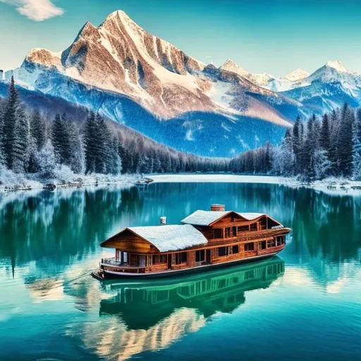 Prompt: 4K, 3D, HD, 1080p
Nature scene with snow covered mountain and Lake , a floating house on boat in Lake 