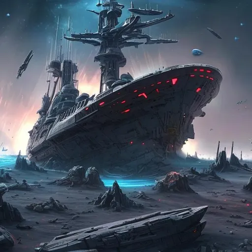 Prompt: star ship wrecks rotting ancient war dead planet dead robots body's battle many colours space skeleton crew of ship battle